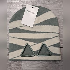 Brand New George Kids Sage and Cream Striped Beanie With Triangle Cut Out Eye